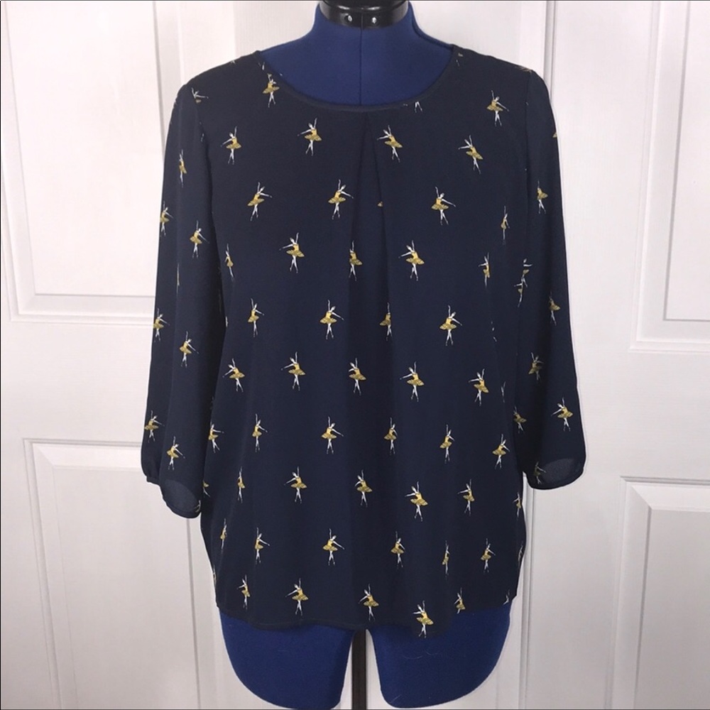 H&M Navy XL yellow ballerina pattern top